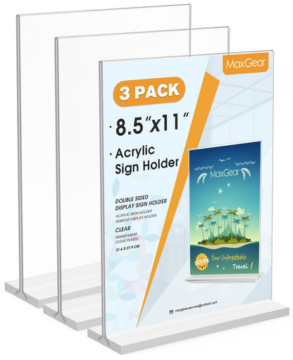 MaxGear 8.5x11 Acrylic Sign Holder 3 Pack, Clear Table Menu Display Stand Plastic Document Paper Holder Double Sided T Shape Sign Frame for Store, Restaurant, Hotels, Office