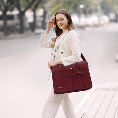 MOSISO Laptop Bag for Women, 15-15.6 inch PU Leather Laptop Shoulder Bags Convertible Backpack, 16 inch Messenger Bags Casual Handbag Work Briefcase Travel Computer Bag with Bowknot, Wine Red