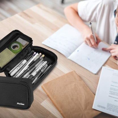 ProCase Pencil Case, Large Capacity Students Stationery Pouch Pen Bag Holder, Portable Desk Organizer with Double Zipper for School Office Supplies -Black
