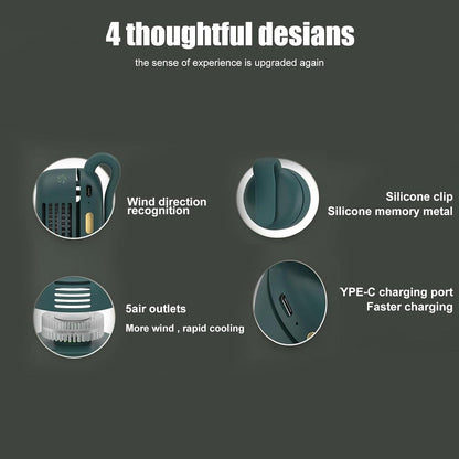 Portable Silent Mini Bladeless Electric Fan - Portable Rechargeable Neck Fan - Mini Whirlwind Clip-On Fan with 3 Speed Settings, USB Type-C Charging - Green