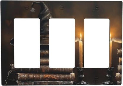 Decorative Art Light Switch Covers Wizard’s Hat & Spellbooks 3 Gang Triple Rocker Outlet Switch plate GFCI Faceplate GFCI for Home Decor