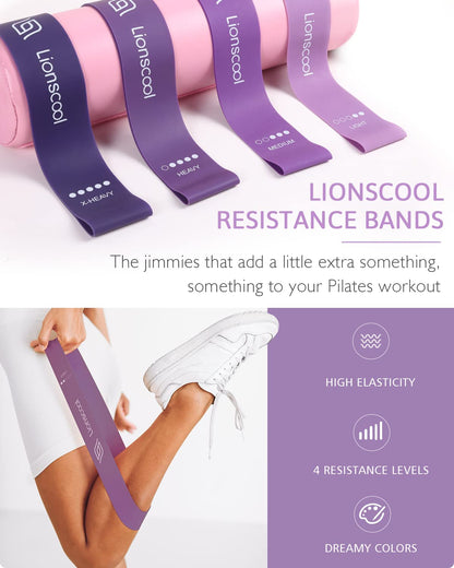 LIONSCOOL Pilates Ring Set (Purple) - 14" Anti-Deformation Magic Circle with Padded Handles, 9" Mini Ball, Elastic Latex Resistance Bands, Guide & Bag