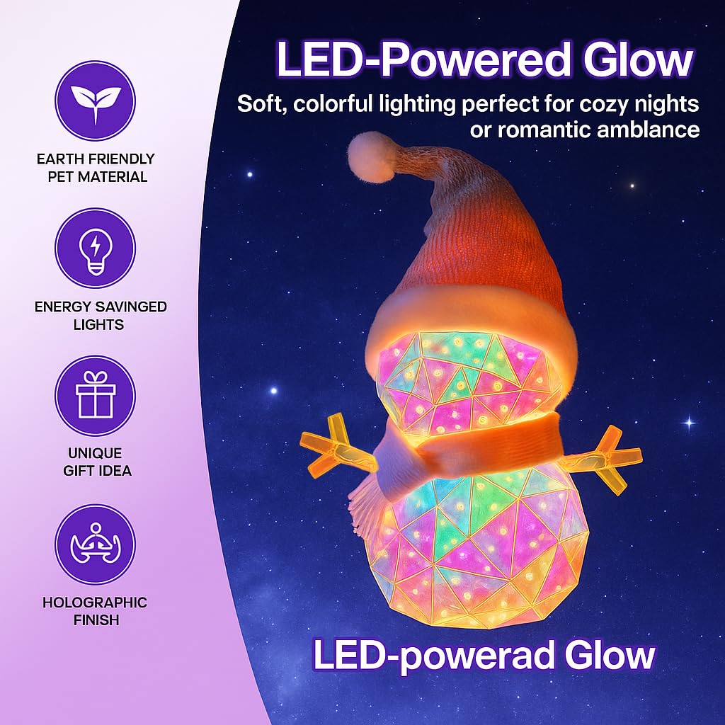 Aladdinas LED Teddy Bear Night Light, Holographic Iridescent Design, Nursery Decor Display Box with Ribbon (Snowman, Christmas)