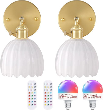 Vintage Battery Operated Wall Sconce with White Tulip Glass Lampshade 5000 mAh Rechargeable Battery Powered Wall Light with Remote Control for Bedside Bedroom Doorway, Set of 2
