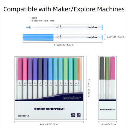 Welebar 1.0 Tip Pen Set Compatible with Cricut Maker 3/Maker 4/Maker/Explore 3/4/Air 2/Air, Premium Marker Pen Set of 36 Pack Medium Point Pens for Writing, Drawing, DIY Crafts