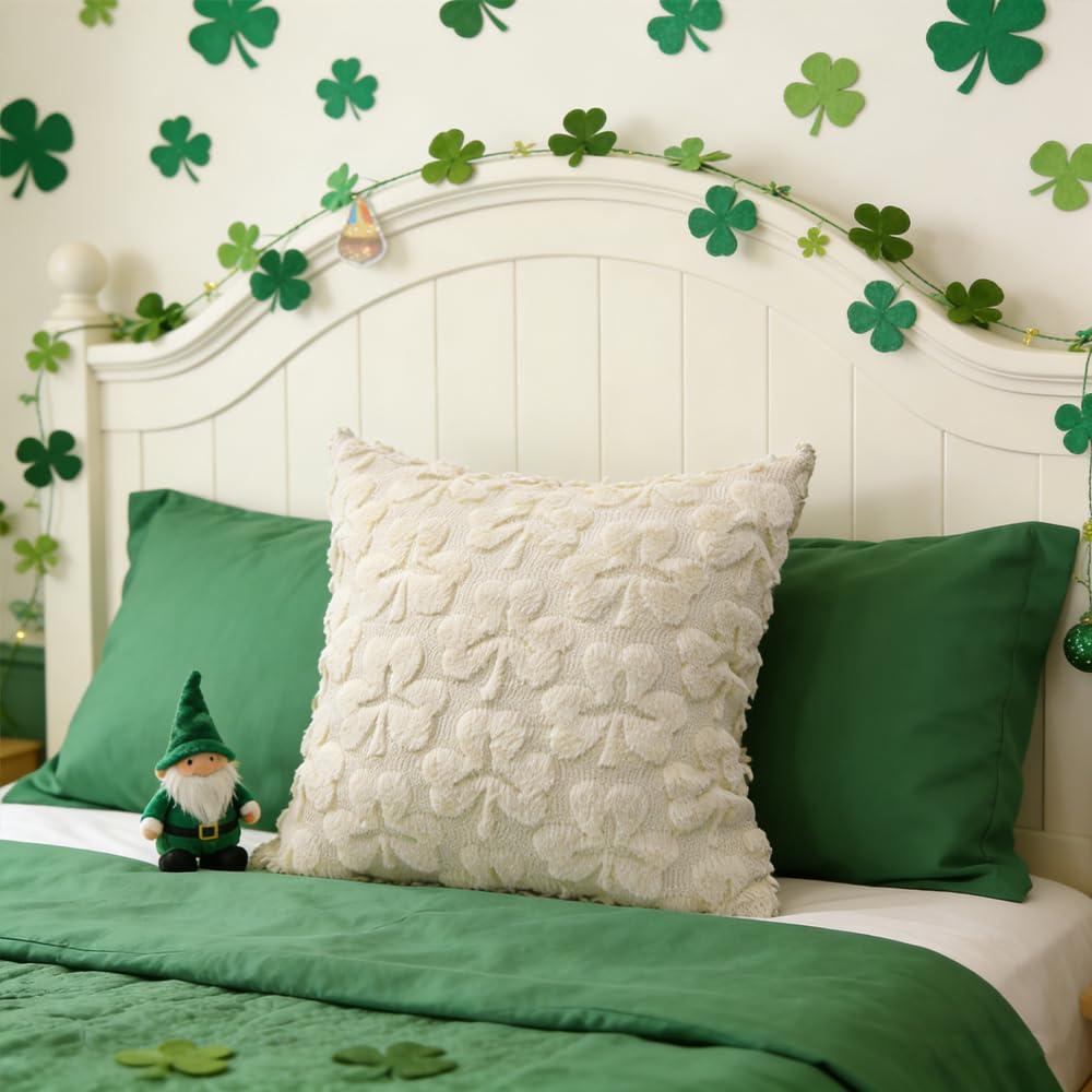 Heirloom Haven St Patrick’s Day Pillow Covers Set of 2,Beige Shamrock Irish Soft Plush Fluffy Faux Fur Jacquard Decorative St. Patrick’s Day Holiday Farmhouse Cushion Case for Sofa 18 x 18 Inch