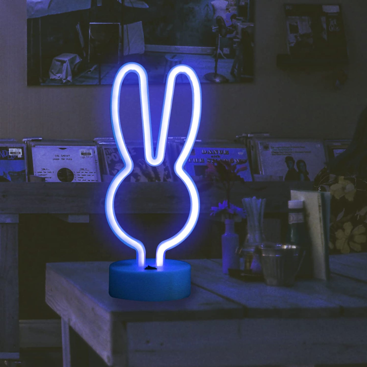 Easter Decorations Bunny Lights Neon Signs, Creative Bunny Neon Lights with Base Battery/USB Operated Rabbit Stuff for Home, Nursery Room, Baby Teen Kids Girls Bedroom, Spring Decor (Blue)