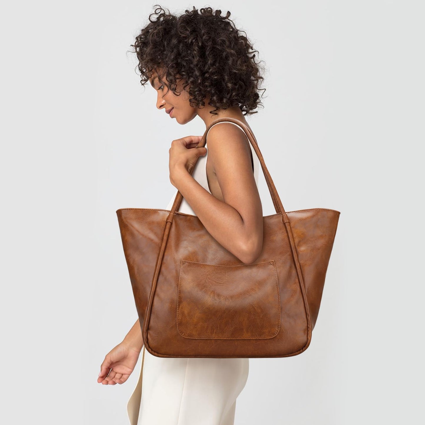 KKXIU Large Tote Bag for Women with Zipper Work Leather Travel Purse and Handbags - Dark Brown