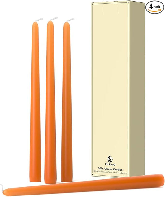 10-Inch Tall Dripless Taper Candles Set of 4 - Burnt Orange Tapered Candles, Perfect for Wedding,Dinner - Smokeless, Unscented, Long Burning - Hand Poured, Colored Tall Candlesticks