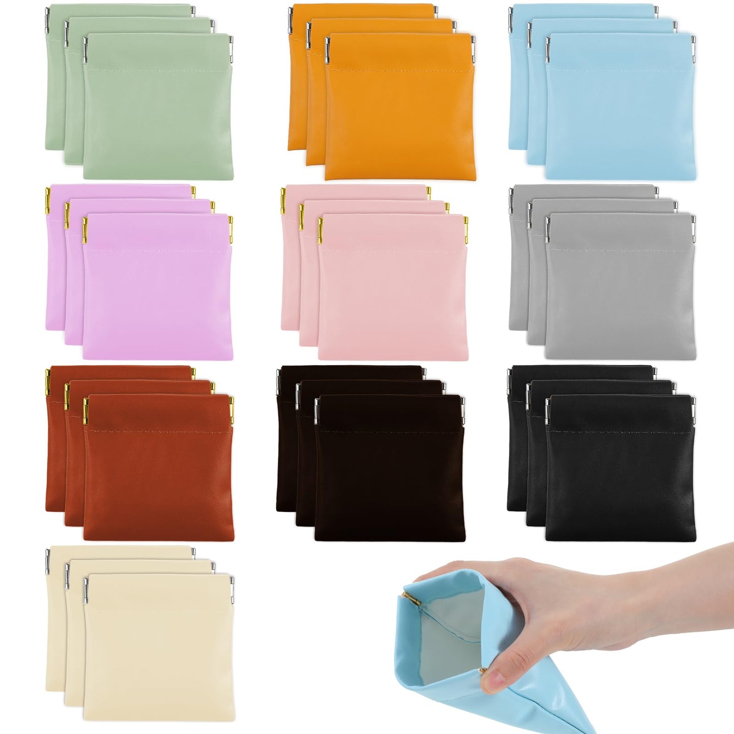 Leooomap 30 Pcs Leather Squeeze Coin Purse Pouch, Small Coin Purse Bulk, Mini Make Up Bag Set, Waterproof Self-Closing Mini Cosmetic Bag for Women, 10 Colors PU Pocket Organizer for Jewelry Lipstick