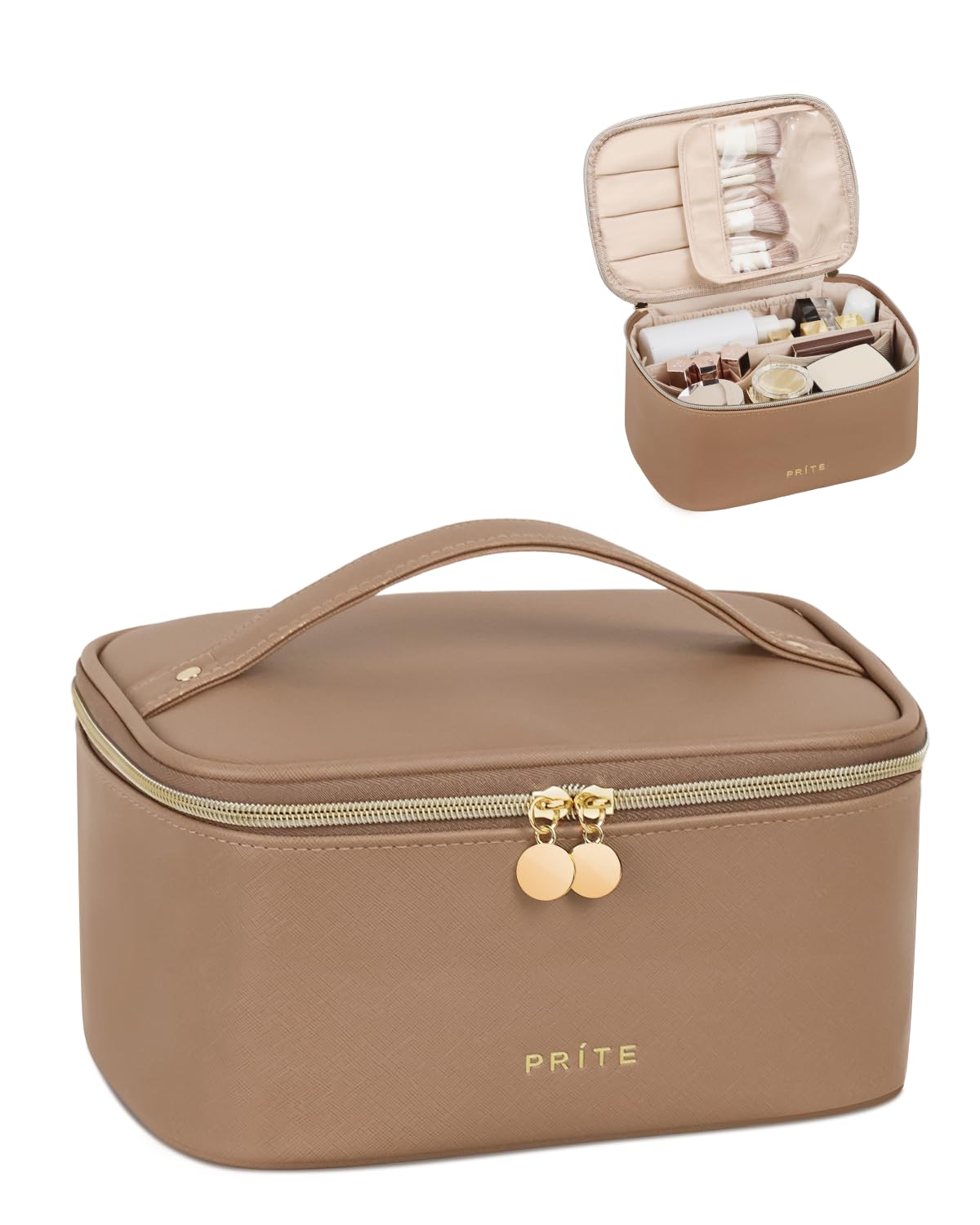 Prite Makeup Bag, Large Capacity Cosmetic Bag for Women and Girls, Waterproof PU Leather Travel Makeup Case, Toiletry Organizer with Handle and Divider for Skincare and Brushes - Brown
