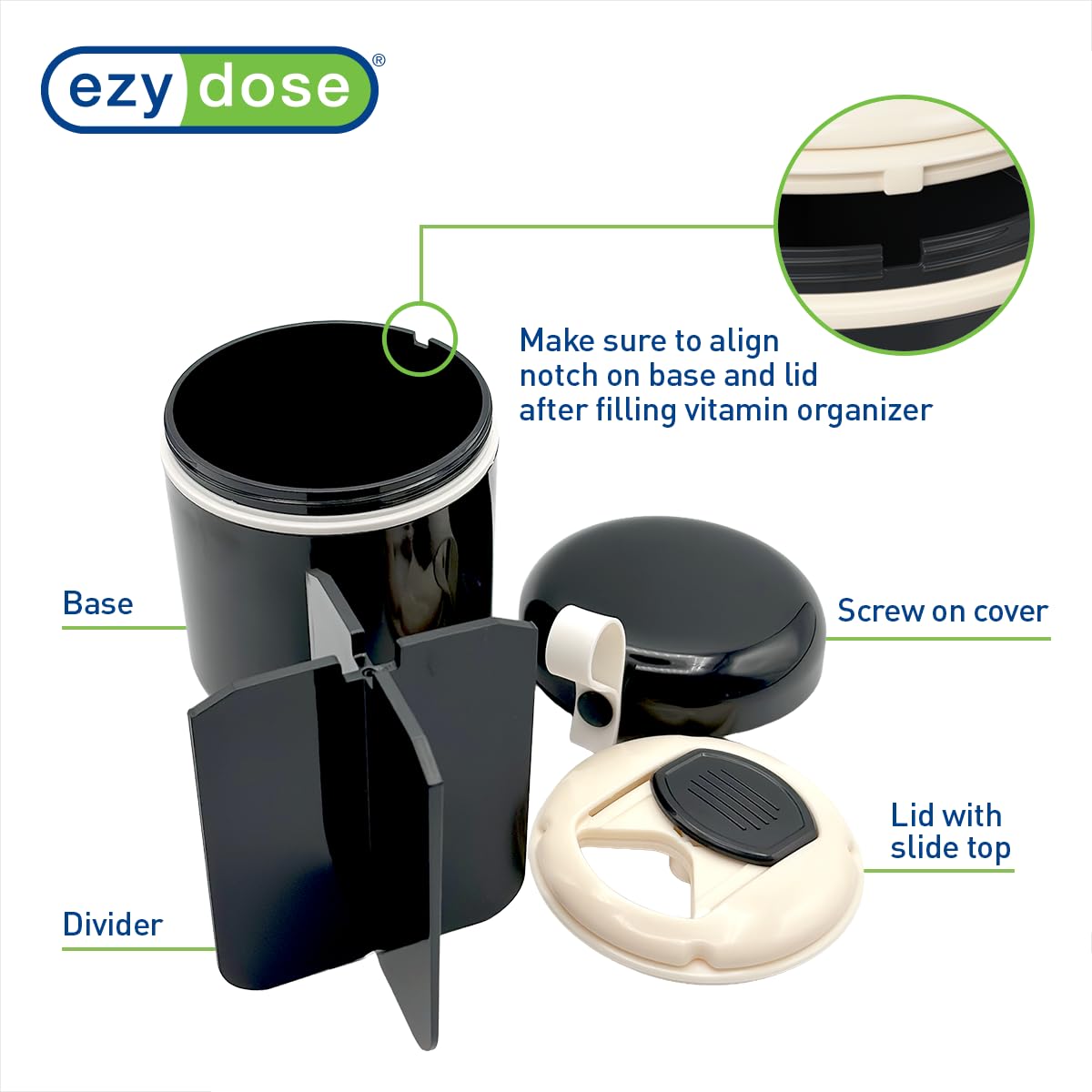EZY DOSE Mini Vitamin Organizer, Multi Compartments, Portable and Compact Design, Easy Access Sliding Pill Dispenser, Supplement Organizer with Anti-Mix Design, Travel Friendly, Large, Black and Cream