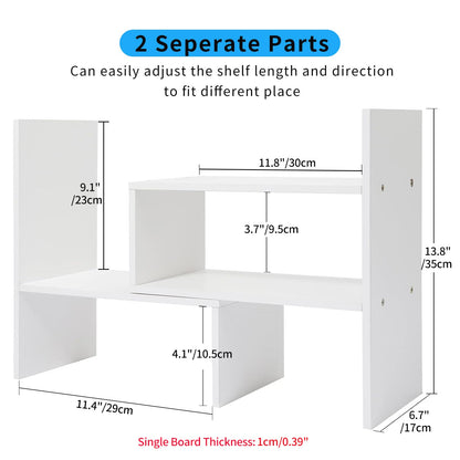IUSEIT Desktop Shelf Organizer, Adjustable Wood Office Storage Rack, Counter Display Small Bookshelf for Home/Office/School(White)
