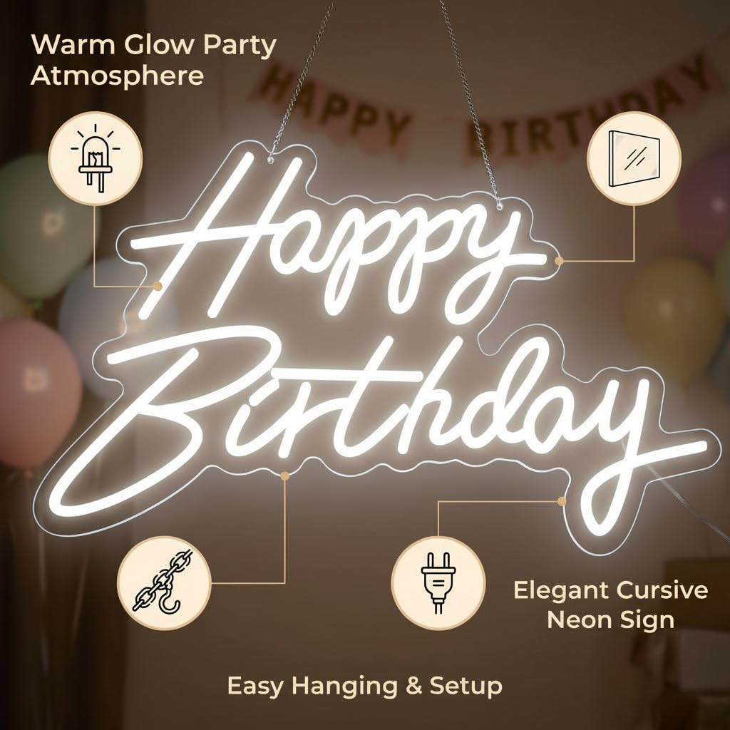 HMT Happy Birthday Neon Sign USB Powered 19.6×11.8 Inch Large LED Light Up Sign for Backdrop & Birthday Party Decor