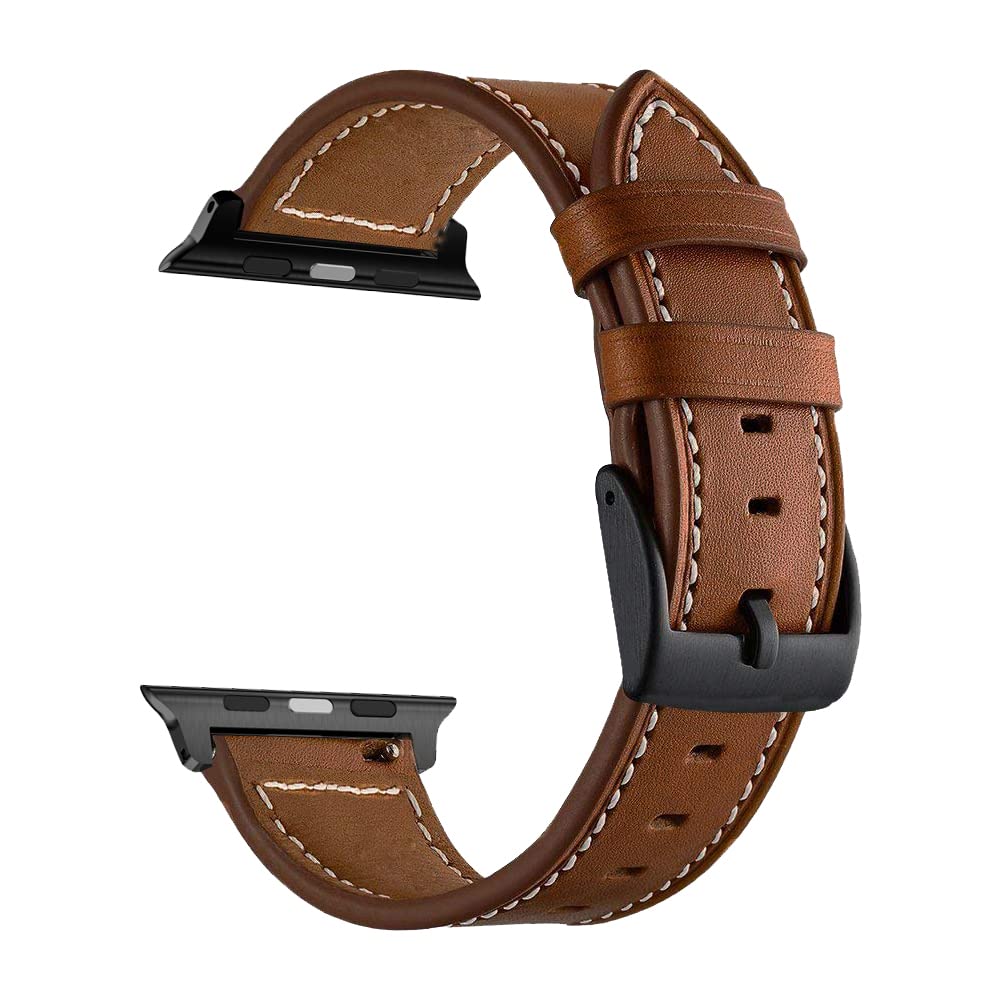 LDFAS Compatible for Apple Watch Series 10 Band 46mm, (Large) Leather Watch Strap with Black Buckle Compatible for Apple Watch Ultra 2 49mm, Apple Watch 9/8/7 45mm Bands,Brown+Black (2 Pack) M/L