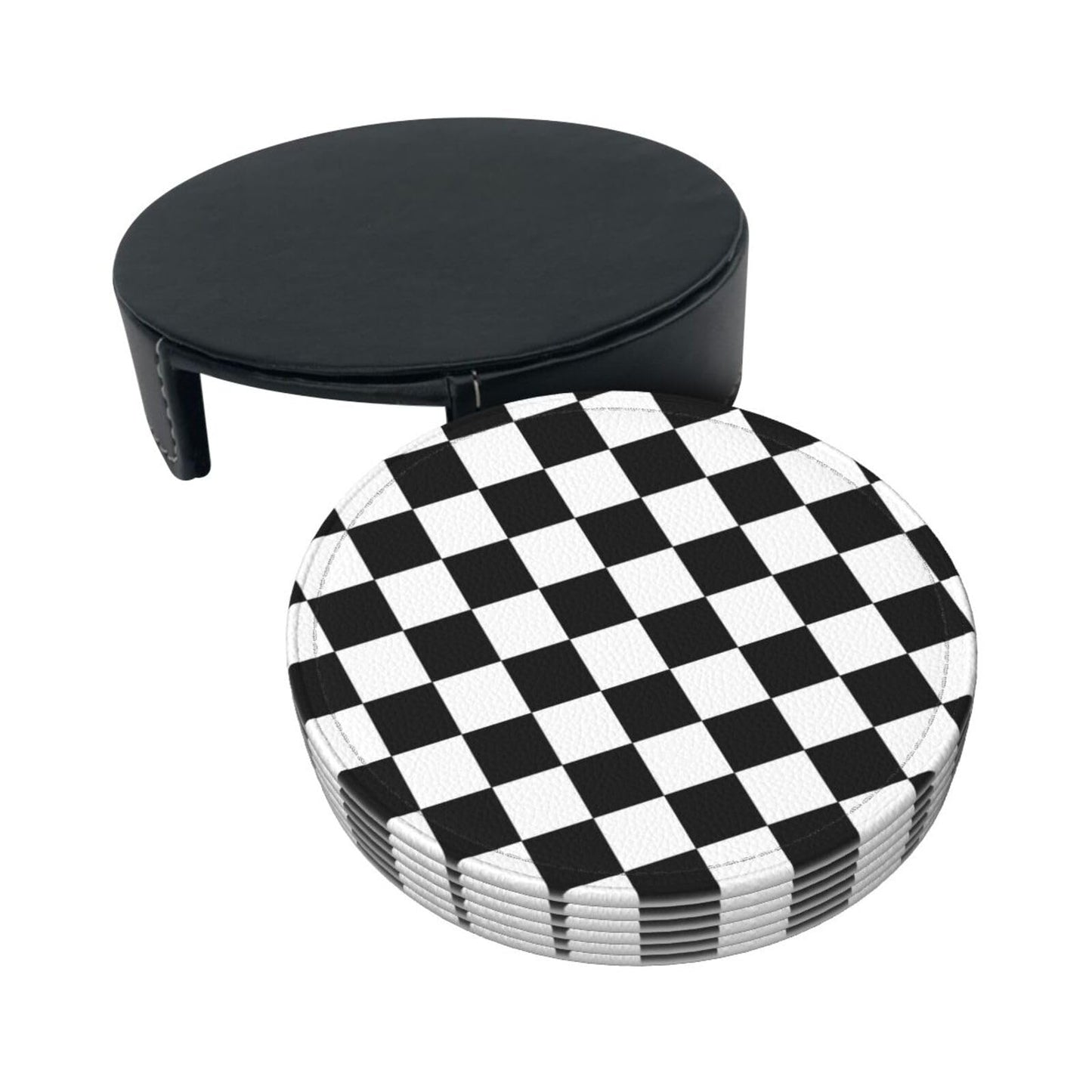Black Checkered Leather Coasters Set of 6 with Holders for Drinks Cups, White Plaid 3.9" Round Coasters 6 Pcs for Coffee Bar Table Decor