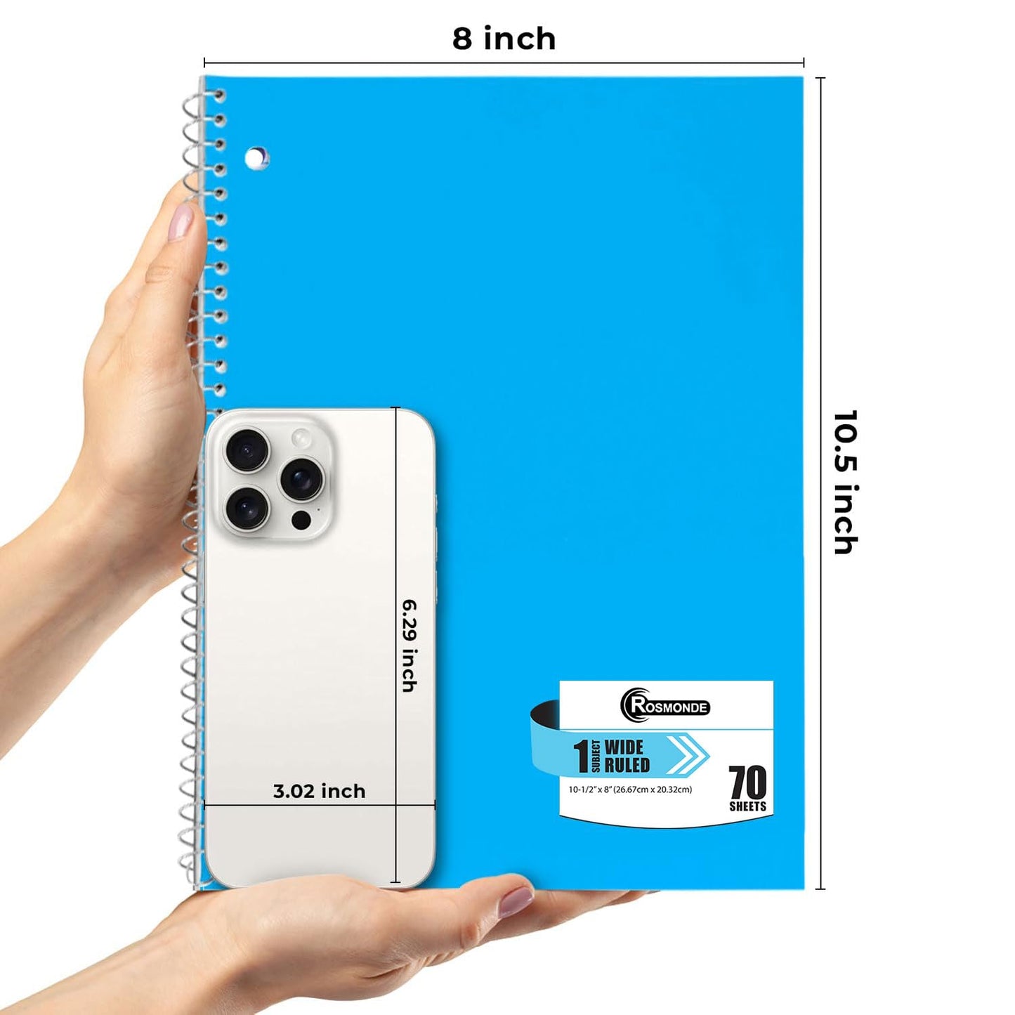 Rosmonde 50 Pack, 1 Subject Spiral Notebook Wide Ruled Bulk, 140 Pages (70 Sheets), Thick No-Bleed Paper, 8 x 10-1/2", 3 Hole Punched, 1 Subject Spiral Notebook Bulk, Bulk Subject Notebook
