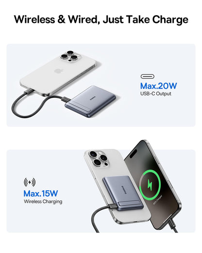 Baseus Picogo Power Bank, Smallest 5000mAh Magnetic Portable Charger with Stand, Qi2 Certified 15W Ultra-Mini MagSafe Battery Pack, Alloy Wireless Travel Fast Charger for iPhone 16/15/14/13/12 Series