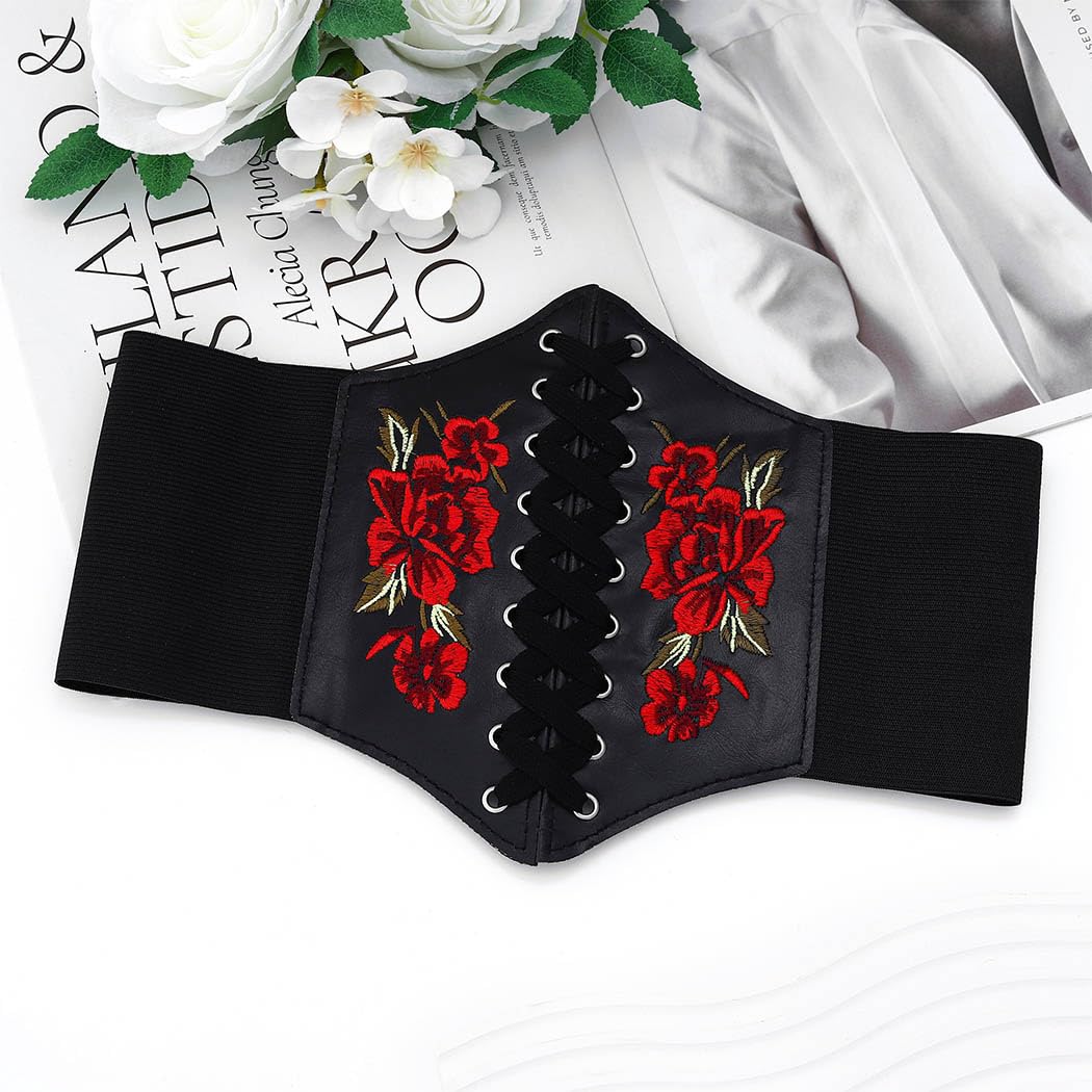 Urieo Embroidered Rose Corset Belt Black Lace-up Waist Cincher Belt Renaissance Underbust Halloween Dresses Wide Elastic Waspie Belts for Women