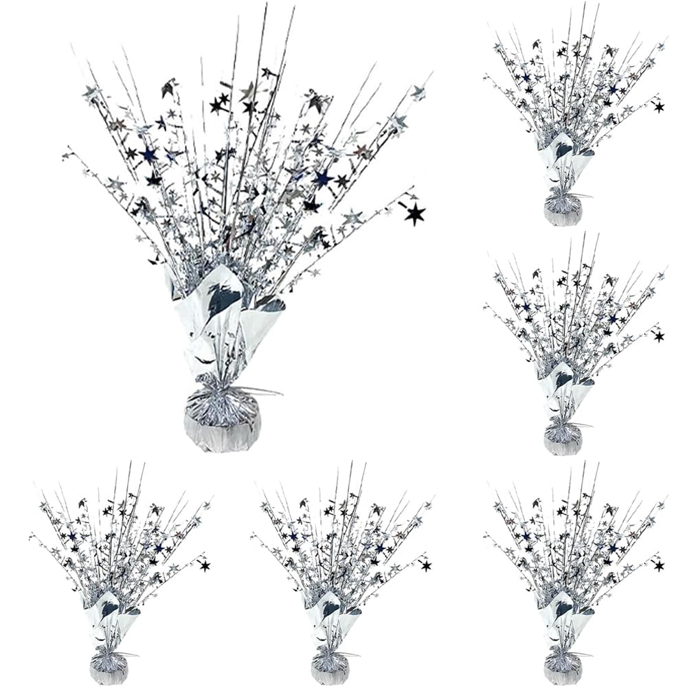 Silver Star Spray Table Centerpieces, 6 Pack Sparkly Silver Starburst Table Toppers, Foil Star Party Decorations for Birthday Graduation 4th of July Wedding New Year Table Decor