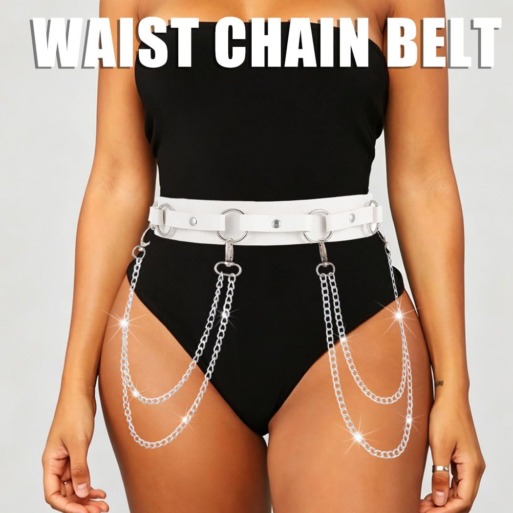 Obmyec Punk Waist Chain Belts Leather Belly Body Chain Gothic Black Leather Waist Accessories for Women (White)