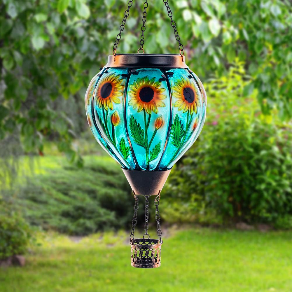 Starsoul Sunflower Hot Air Balloon Solar Lantern Glass Outdoor Hot Air Balloon Solar Flickering Flame Light Hanging Solar Lanterns Outdoor Waterproof Garden Patio Yard Party Decor