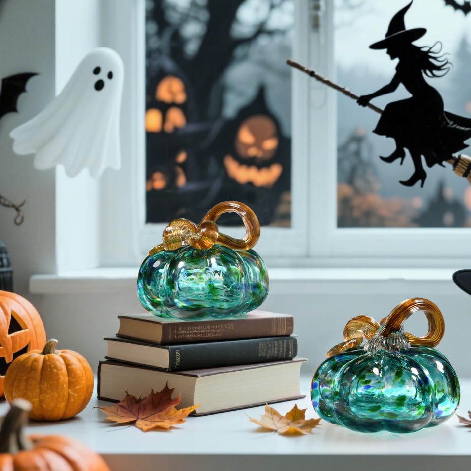AOFEGRLT 3" Large Blown Glass Pumpkin Figurine Collectible Thanksgiving Fall Harvest Pumpkin Crystal Glass Paperweight Decorations for Home(Green)
