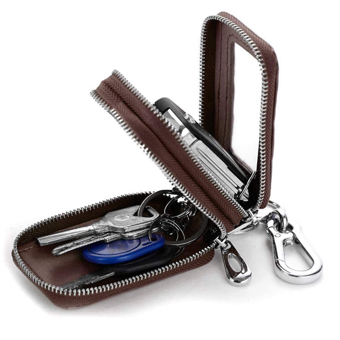 BAKUN Two-Sides Mini Genuine Leather Car Key Chain Holder Wallet Case, Key Holder Key Organizer Wallet(Brown)