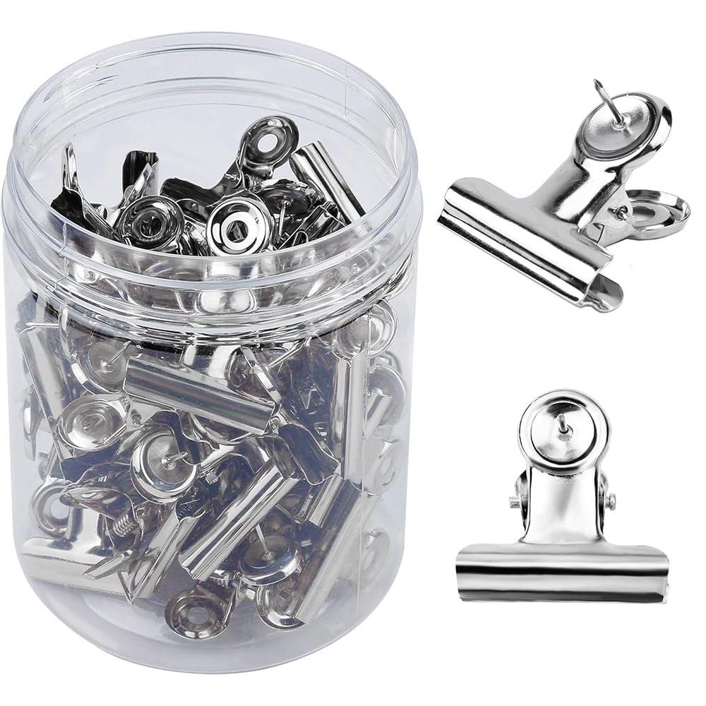Mqiielle 50 PCS Metal Push Pin Clips Silver Bulldog Clips with Pins Heavy Duty Thumb Tacks for Cork Boards Bulletin Boards and Cubicle Walls