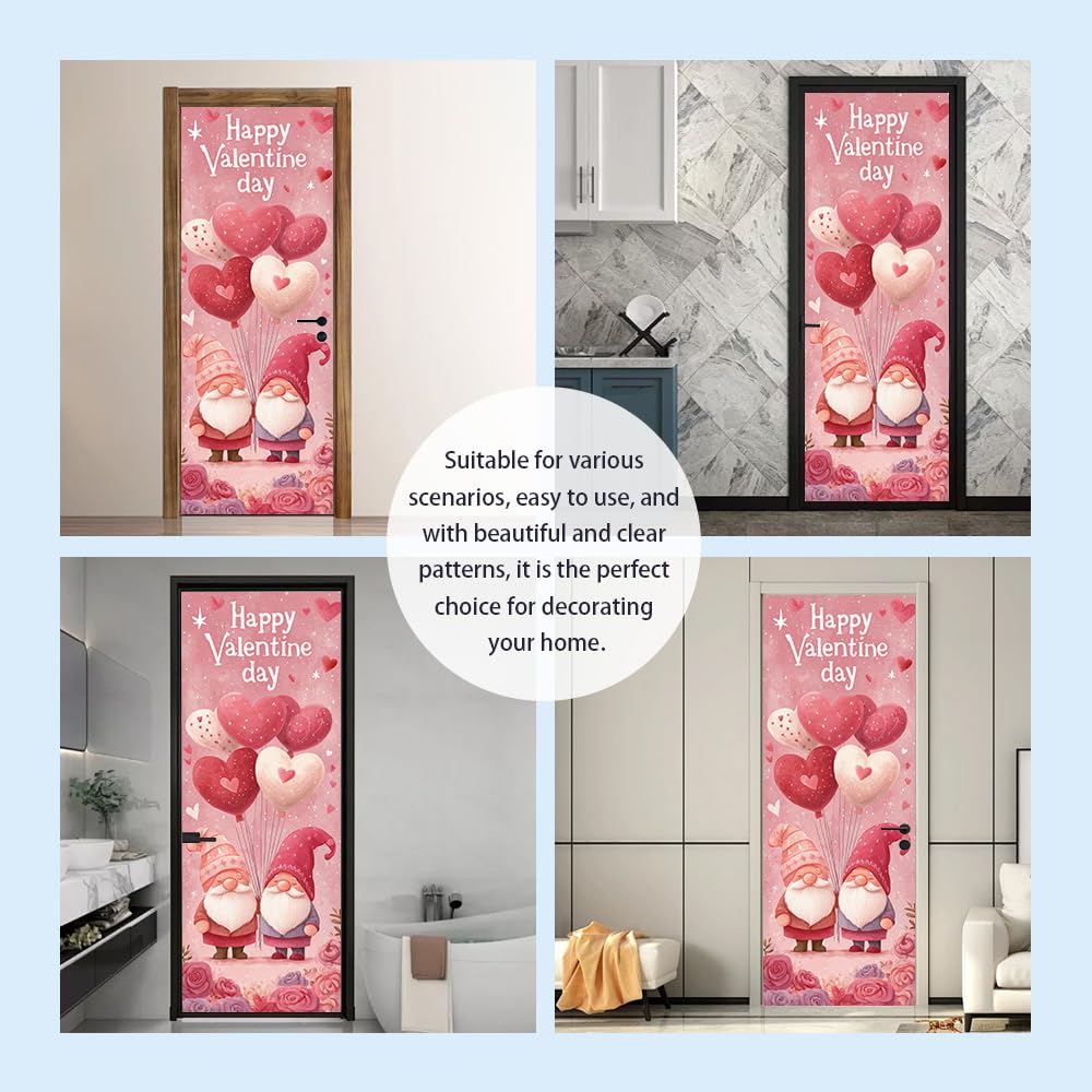 WDESYADMS PVC Self Adhesive Door Sticker 30.3x78.7 Inch Valentine Gnomes with Heart Balloons Design Peel and Stick Decorative Door Decal for Bedroom Living Room Entryway Holiday Home Decor