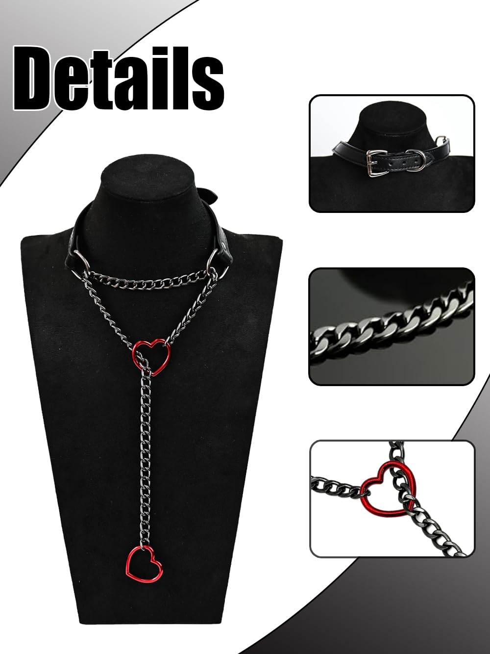 SIROLISA Handmade Black Heart Choker Collar for Women, Punk Gothic Vegan Leather Slip Chain Necklace with Adjustable Buckle, O-Ring Y-Necklace Jewelry for Goth Alternative Aesthetic Costumes