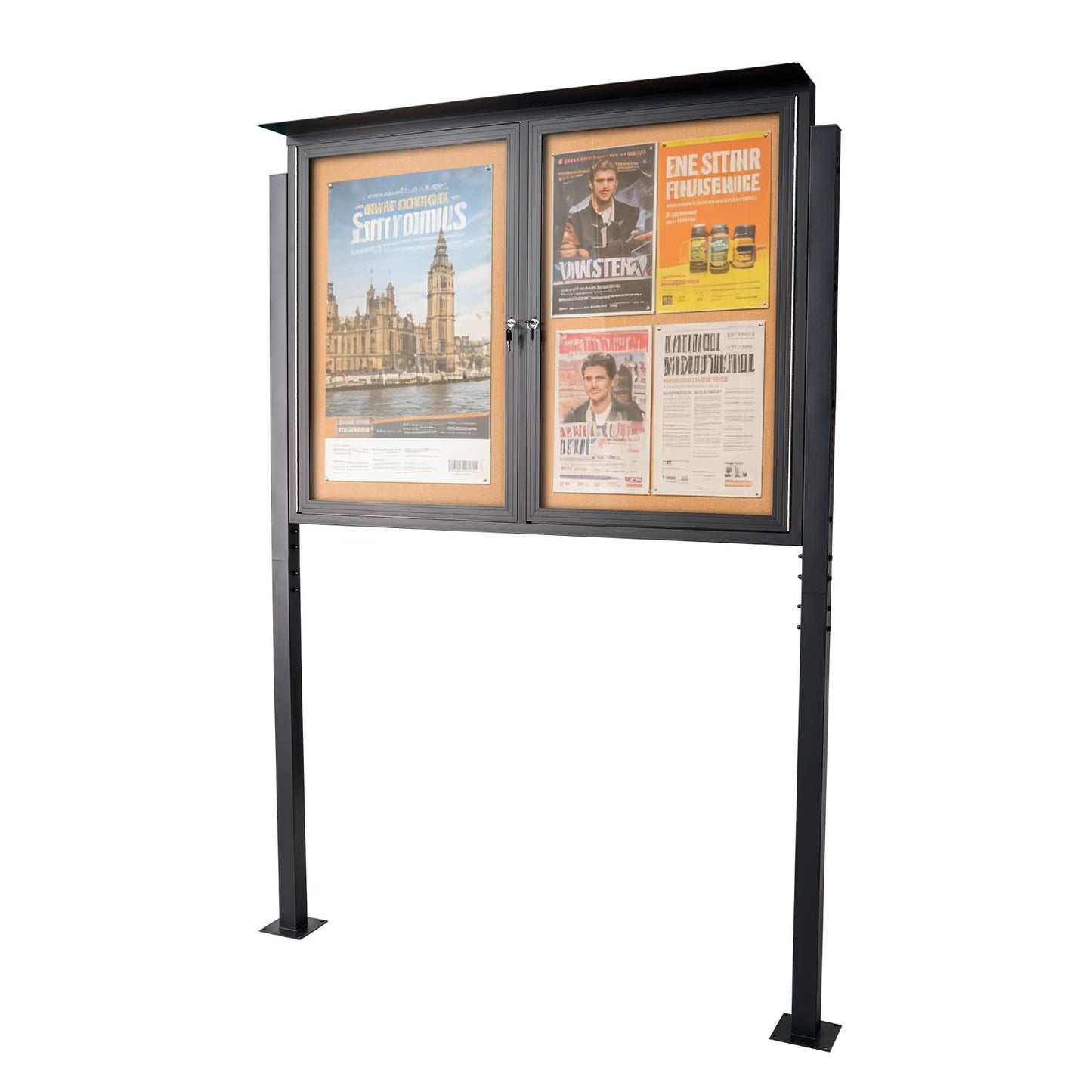 Standing Enclosed Bulletin Board 36”x48” Weather-Resistant Outdoor Noticeboard with Locking Doors，Community Sign with Metal Pole & Black Aluminum Frame & Cork Presentation Board