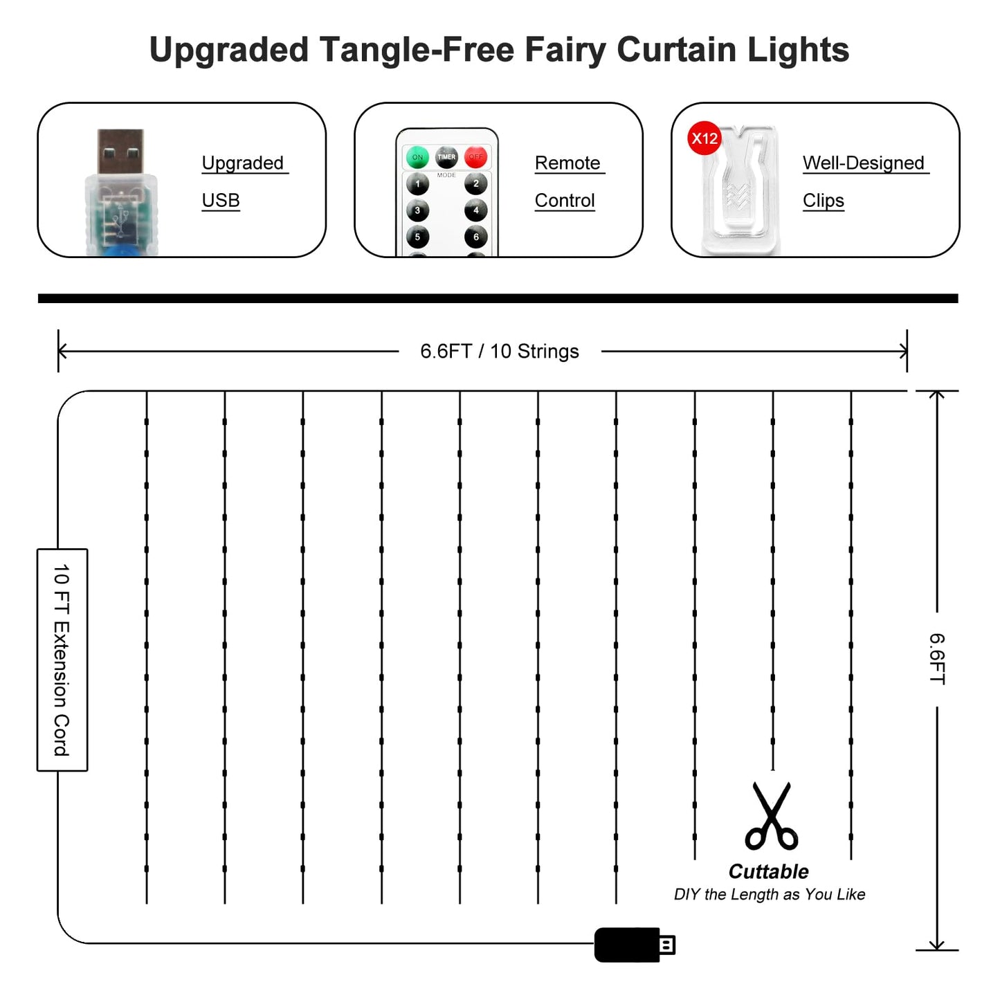 HOLITS Fairy Curtain Lights Upgraded Tangle-Free Warm White USB Plug in 8 Modes String Hanging Lights with Remote for Christmas, Bedroom, Indoor, Outdoor, Weddings, Party (6.6FTx6.6FT)