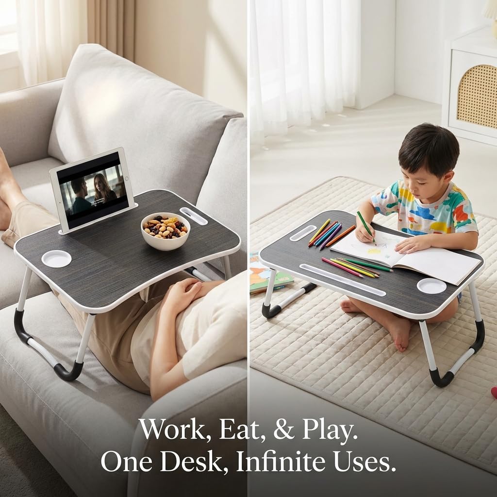 BUYIFY Foldable Lap Desk for Laptop & Writing - 23 inch Bed Tray Table with Cup Holder & Tablet Slot - Portable Notebook Stand for Eating, Sofa, Couch & WFH Students (Black)
