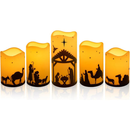 Glflickerow Christmas Nativity Scene Decorations Candle LED Flameless Candles with Timer for Xmas Holiday Home Decor Supplies Set of 5 (Beige)