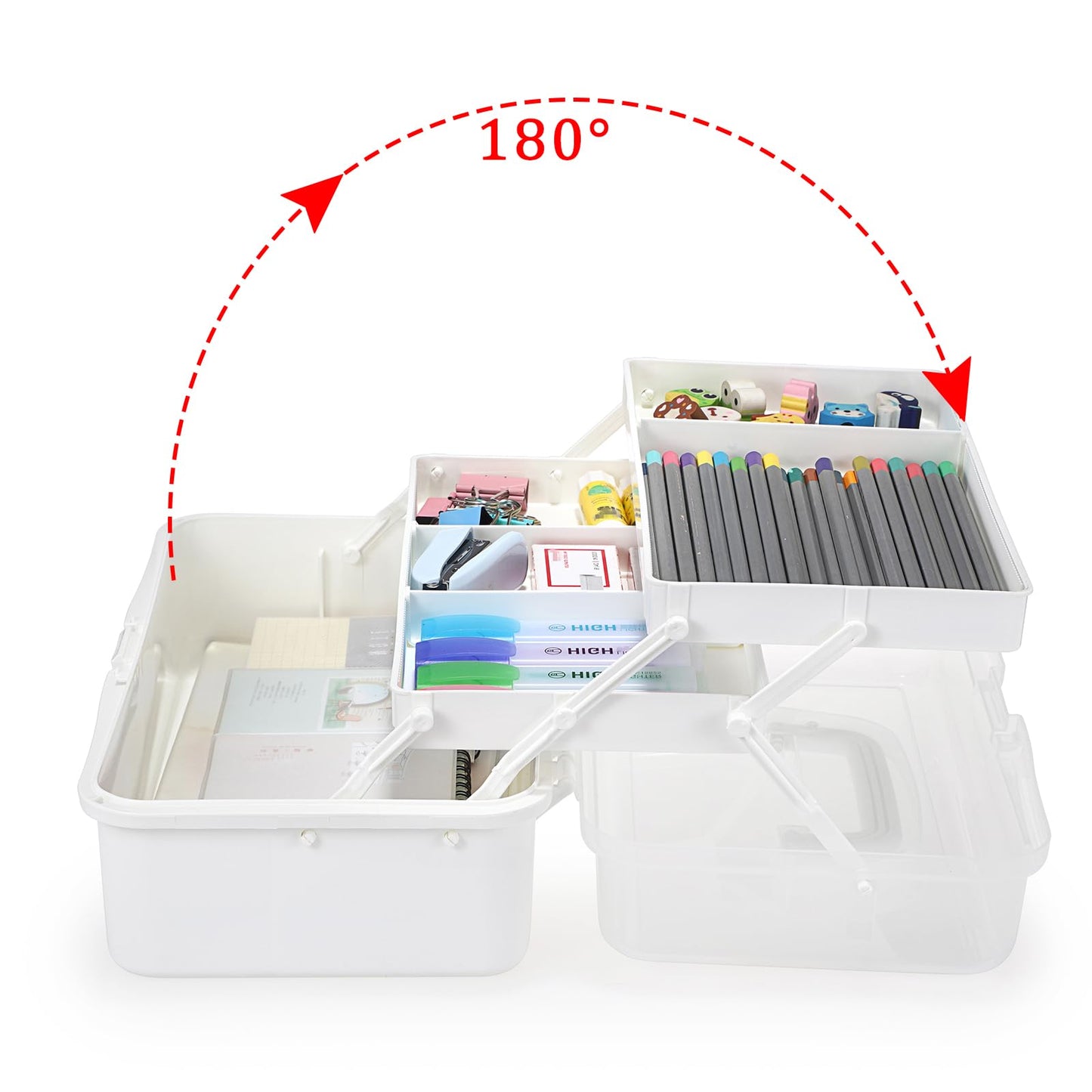 BTSKY 3-Layer Plastic Dividing Storage Box Craft Organizer with Adjustable Spacers Portable Handled Art Supply Organizer Multipurpose Home Utility Box for Medicine Box Sewing Box (Beige White)