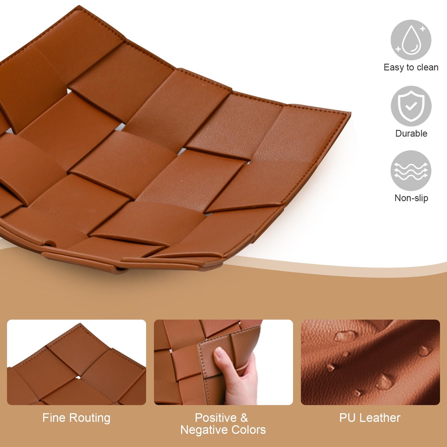 Valet Tray PU Leather Key Holder Bowl for Men and Women Entryway Table Nightstand Catchall Storage Organizer EDC Dump Tray for Wallet, Keys, Coins Men's Gift - Brown, 9.8" L x 9.8" W x 2" H