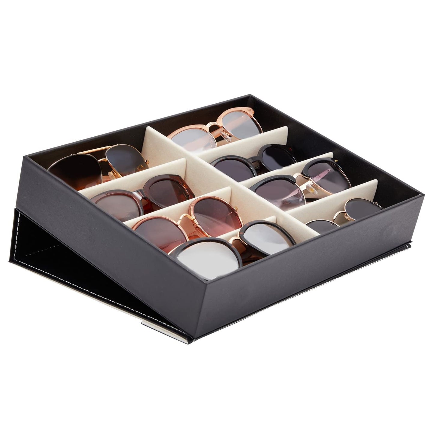 Juvale Glasses Case Organizer - 8-Slot, 12.6 x 9.8 x 2.5 in, Black Faux Leather - Sunglasses Storage & Holder for Nightstand & Desk - Flip-Top Display Case
