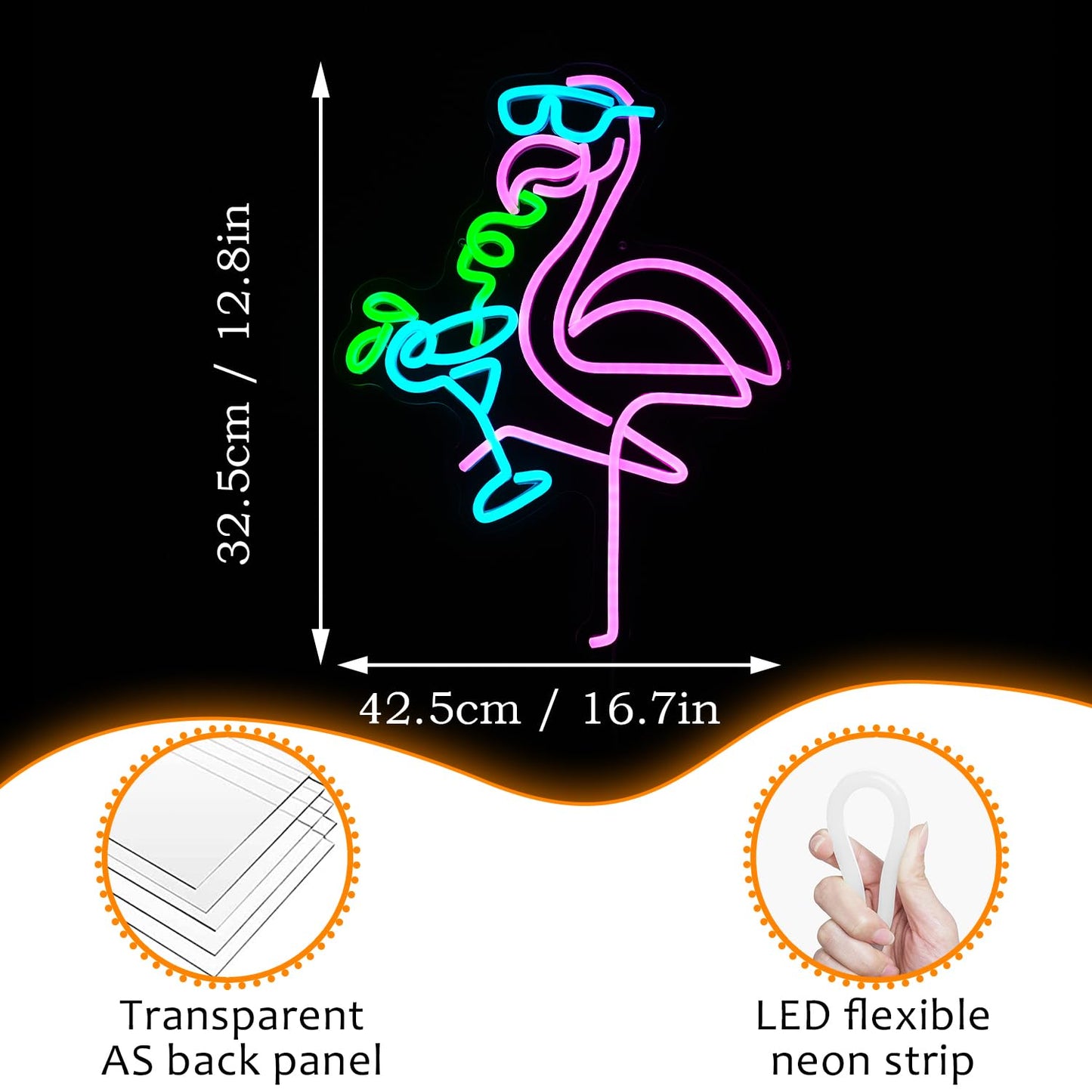 Flamingos Drink Neon Sign LED Cocktail Light Up Sign for Wall Decor Dimmable USB Powered Animal Neon Light for Living Room Kids Room Bar Art Wall Decor （16.7 * 12.8In）