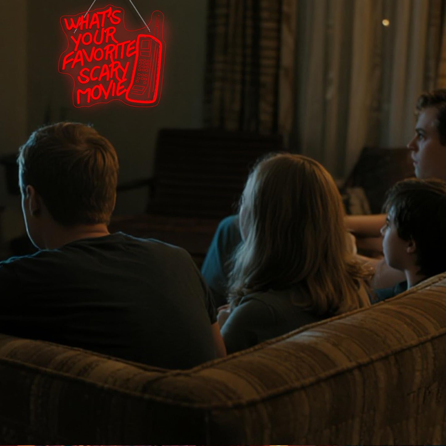 What’s Your Favorite Scary Movie Neon Sign – Red LED Wall Light with Retro Phone Design – Horror Movie Night & Halloween Party Décor