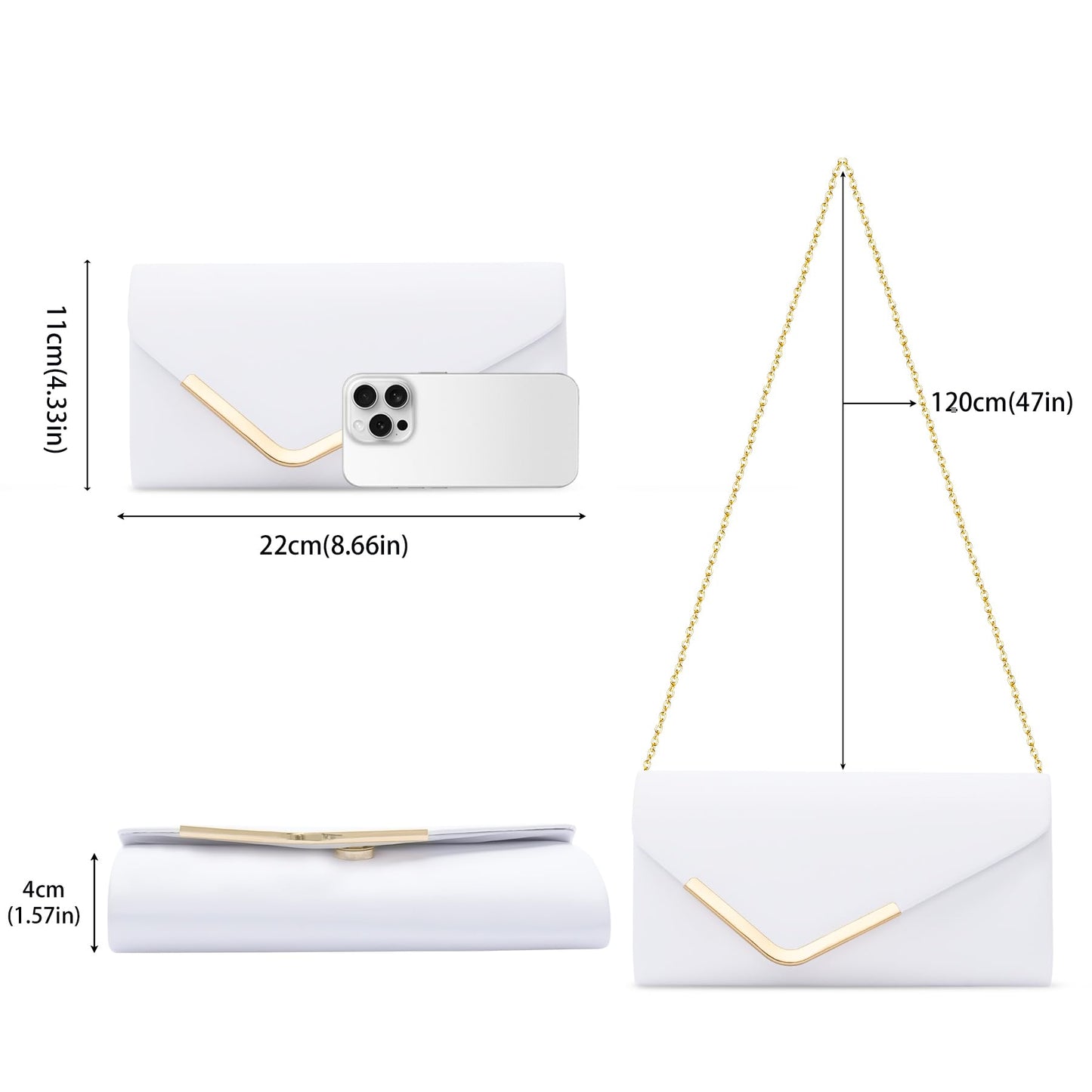 Larcenciel White Clutch Purses for Women, Trendy Leather Evening Bag w/Chain, Fashion Envelope Lady Shoulder Crossbody Handbags, Sparkly Party Prom Purse Bride Wedding Guest Clutch Dress Carry on Bags