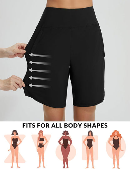 baleaf Long Board Shorts for Women Swimming High Waisted Swim Shorts Tummy Control Quick Dry Bathing Suit Shorts UPF 50+ with Liner Black L
