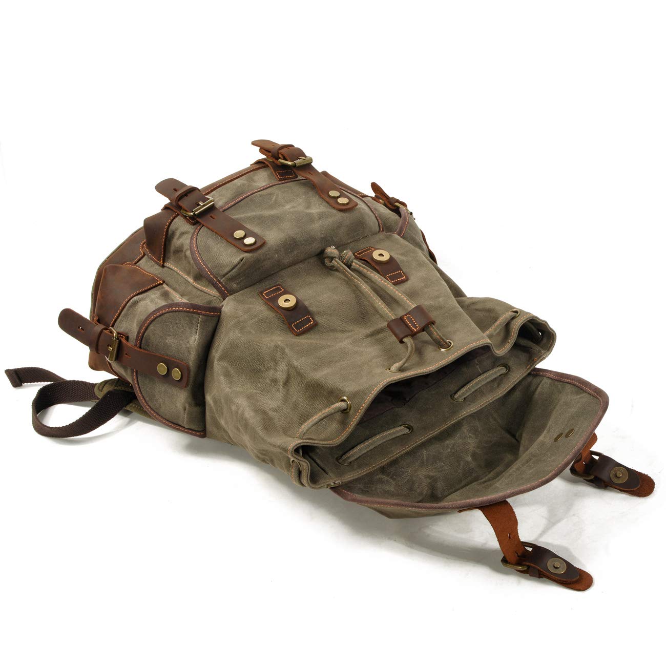 WUDON Men Travel Backpack, Genuine Leather-Waxed Canvas Shoulder Hiking Rucksack (Khaki)