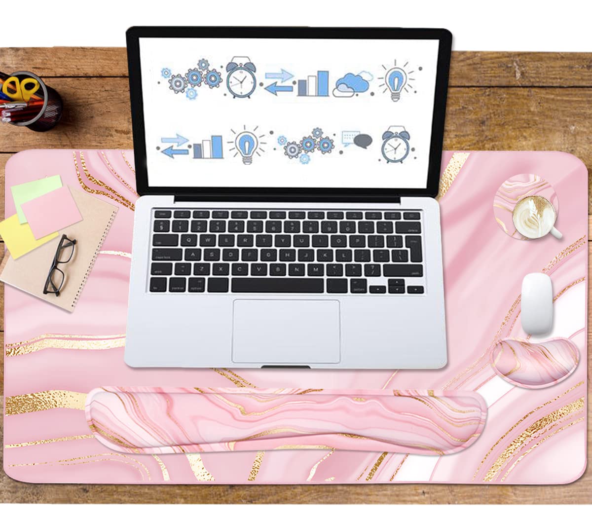 Keyboard Mouse Pad Set, Extended Mouse Pad+Keyboard Wrist Rest Support, Memory Foam Ergonomic Easy Typing, 3Pcs (35.4×15.7 in) Desk Pad Set for Home Office Study Game- Pink Gold