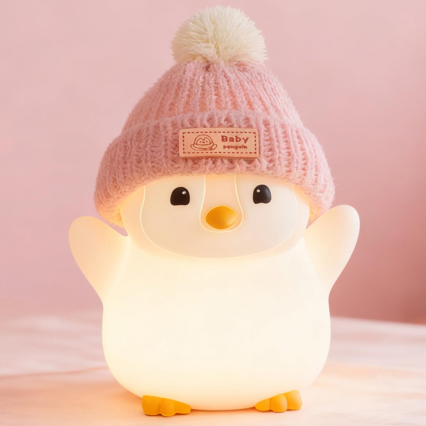FAMIDUO Pink Penguin Night Light with Knit Hat - Squishy Silicone Rechargeable LED Bedside Lamp, Dimmable Timer for Baby Nursery, Cute Animal Nightlight, Adorable Penguin Gift for Boys Girls Toddlers