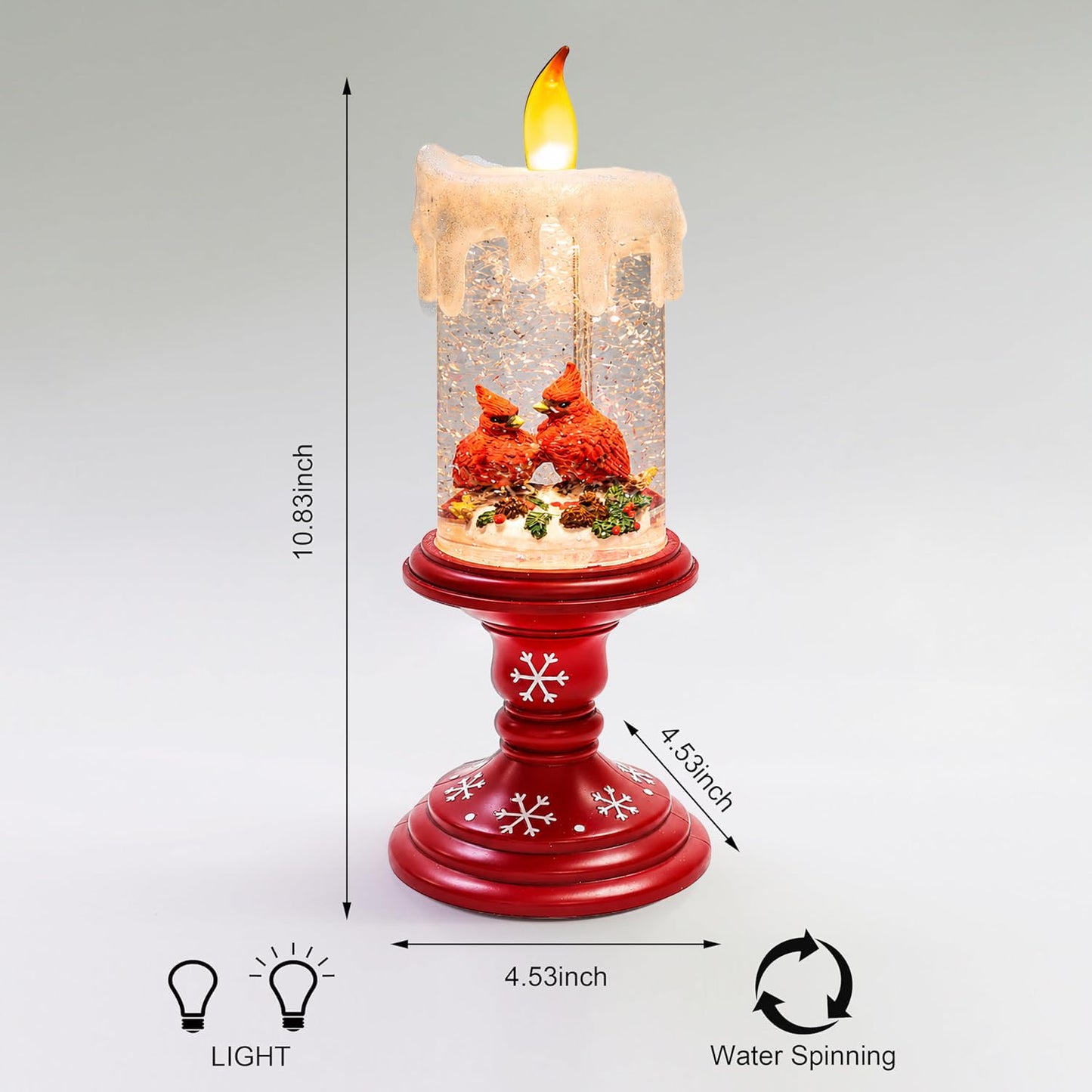 MOMENTS IN TIME LED Lighted Spinning Water Candle with Cardinals 10”H Acrylic Glitter Candle Decor Battery Operated Christmas Decoration Light-Up Holiday Lantern for Home Décor