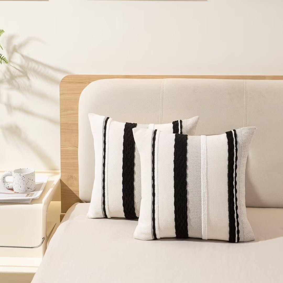 WANLIRD Boho Throw Pillow Covers 18x18 Set of 2 Farmhouse Decorative Cushion Case Striped Square Pillows Cover Chenille Pillow Cases Accent Neutral Pillowcase for Sofa Couch Bed,Black and White