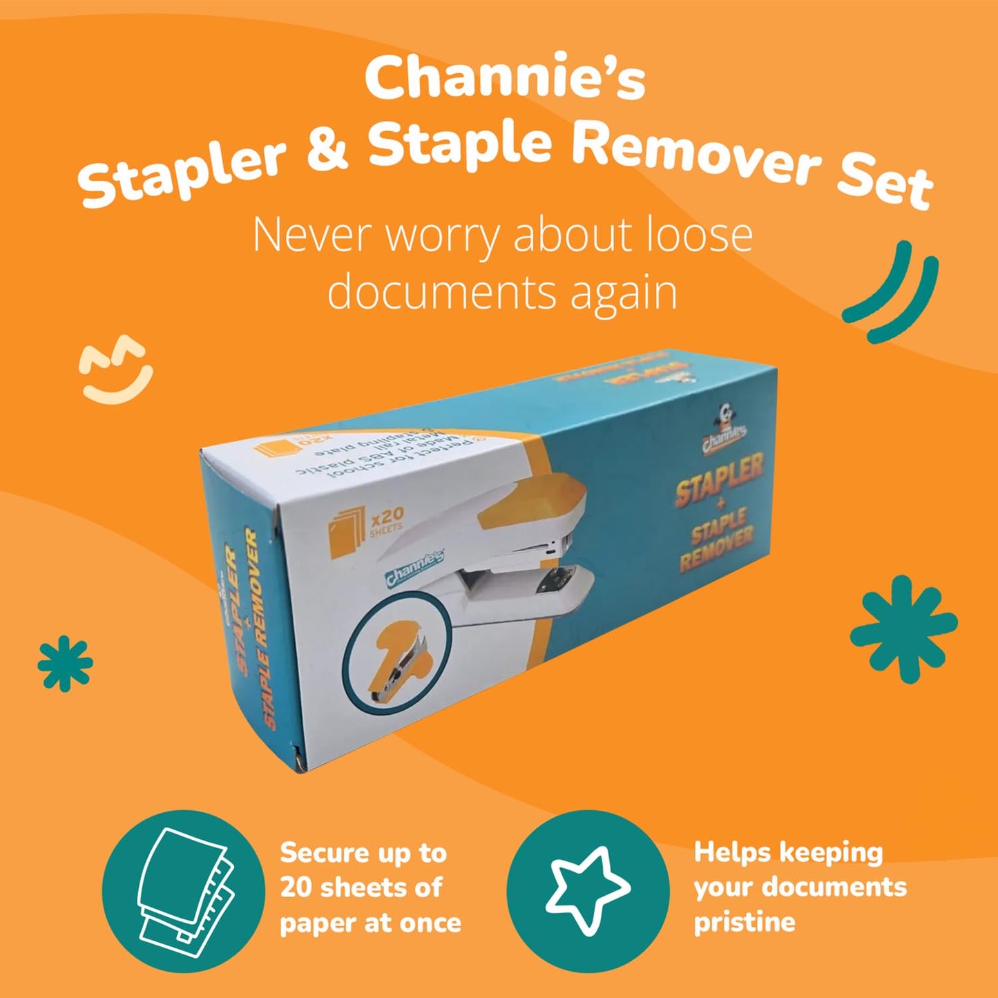 Channie's Stapler and Staple Remover Set - Sleek & Durable Paper Stapler, Effortlessly Staples 20 Sheets - Office Stapler for Desk, Classroom, Home, School - Includes Staple Remover Tool