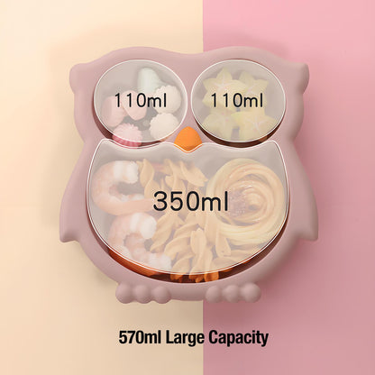 PandaEar Toddler Suction Plates, Stay Put Divided Baby Plates, Owl Shape BPA-Free 100% Food-Grade Silicone Unbreakable Baby Plate, Baby Feeding Supplies (Pink)