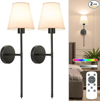 NIORSUN Battery Operated Wall Sconce Set of 2,Black Rechargeable Wall Lights with 5200mAh Dimmable Detachable Bulbs and Remote, 10 Colors Wireless Wall Lamps for Bedroom Living Room Hallway Decor